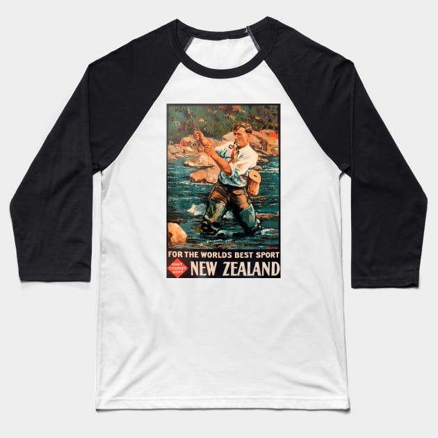 Fly Fishing in New Zealand - Vintage Travel Poster Design Baseball T-Shirt by Naves